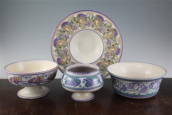 A Carter Stabler Adams broad-rimmed bowl, a similar pedestal fruit bowl, another bowl and a vase, largest bowl diameter 12.75in.